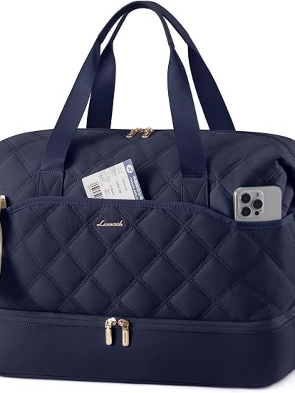 Quilted Navy Travel Tote Bag with Bottom Compartment